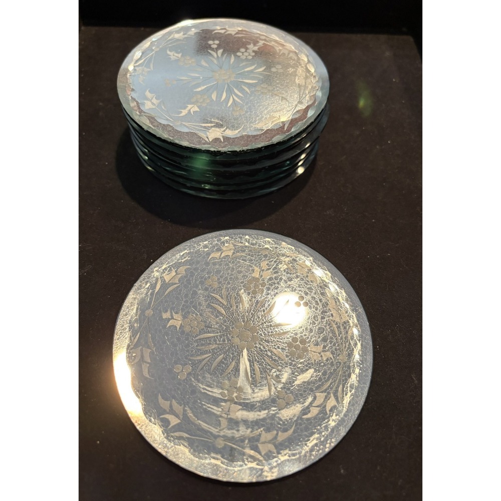 VTG Beveled Glass Etched Coaster Set Of 8 Botanical Design Felt Backed 3" Round